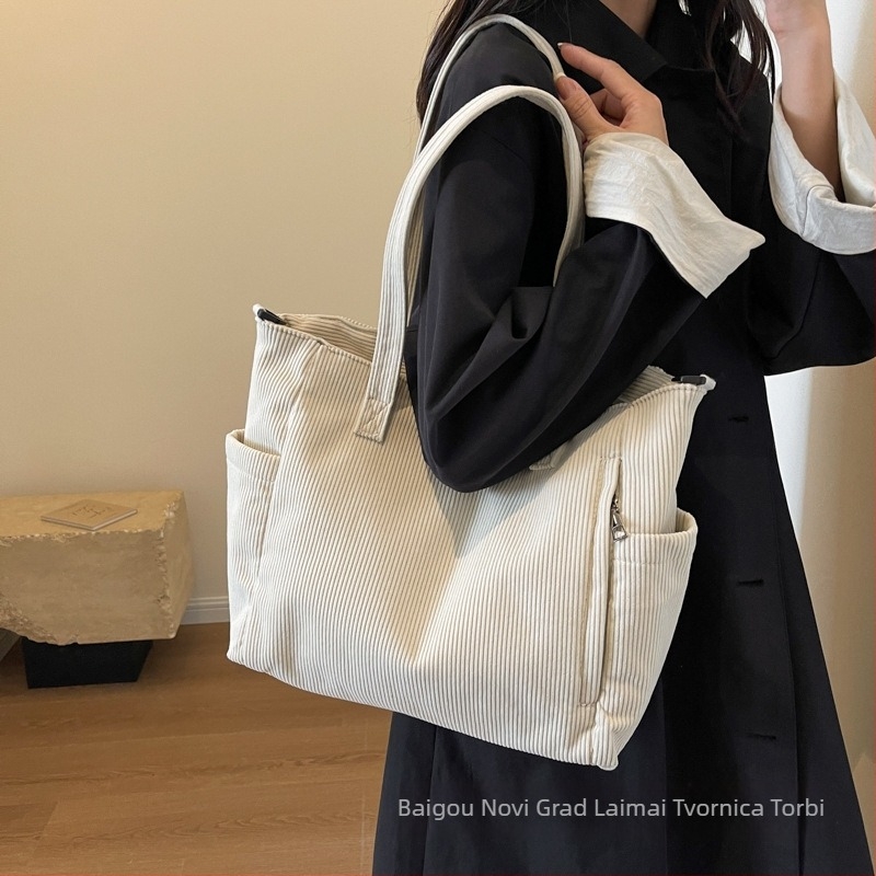 Corduroy Tote Bag Laimai – japanski stil, Instagram stil, više džepova; zatvarač, poliester podstava, horizontalni kvadratni oblik, džep za mobitel i ID karticu