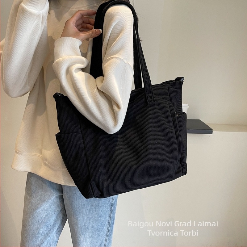 Corduroy Tote Bag Laimai – japanski stil, Instagram stil, više džepova; zatvarač, poliester podstava, horizontalni kvadratni oblik, džep za mobitel i ID karticu