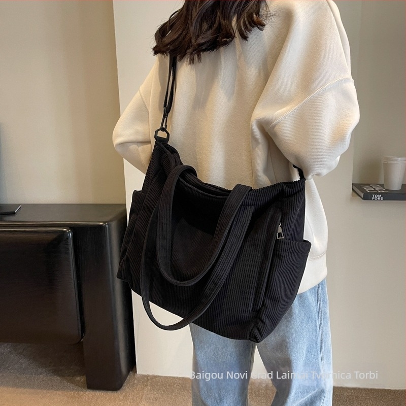 Corduroy Tote Bag Laimai – japanski stil, Instagram stil, više džepova; zatvarač, poliester podstava, horizontalni kvadratni oblik, džep za mobitel i ID karticu
