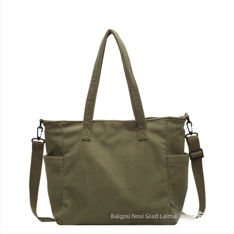 Corduroy Tote Bag Laimai – japanski stil, Instagram stil, više džepova; zatvarač, poliester podstava, horizontalni kvadratni oblik, džep za mobitel i ID karticu