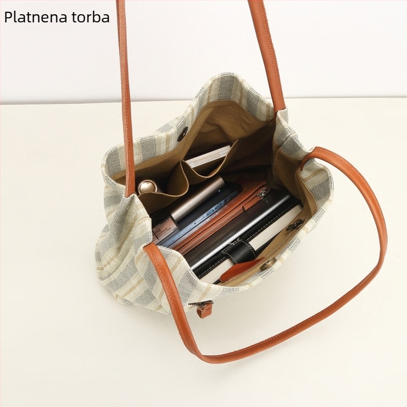 Platnena tote torba s vertikalnim kvadratnim oblikom, magnetska kopča i unutarnji pretinci za telefon i dokumente