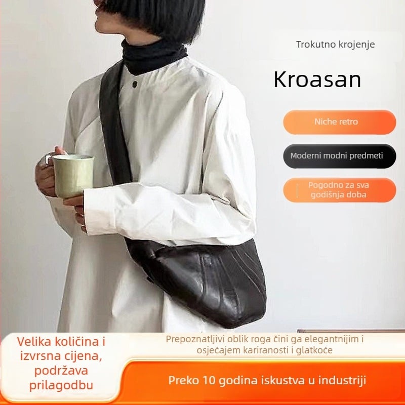 Ženska torbica od prave kože u obliku croissanta, crossbody, baguette stil, elegantna luksuzna
