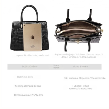 Ženska kožna crossbody torbica s krokodilskim uzorkom, Kelly stil, zatvarač, unutarnji džepovi (džep s zatvaračem, džep za telefon, džep za laptop), vodoravni kvadratni oblik