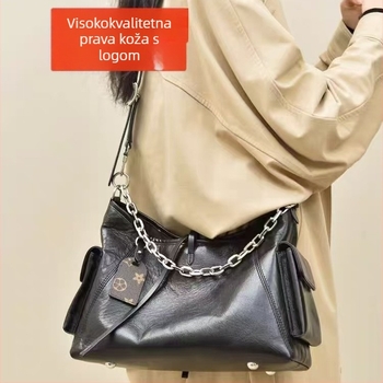 Crna kožna Carryall torba u motociklističkom stilu, velika zapremina, naramenica s lancem
