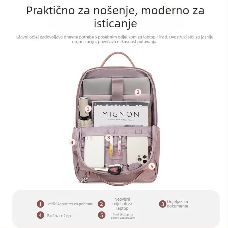 Ženski ruksak za prijenosno računalo, urbani stil jednostavnosti, Oxford tkanina, zatvaranje na zip, džep za prijenosno, vodootporan i otporan na habanje