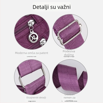 Ženska crossbody torba od Oxford materijala, mala kvadratna silueta, zatvaranje na zip, unutarnji džepovi za telefon i ID karticu, svakodnevna upotreba