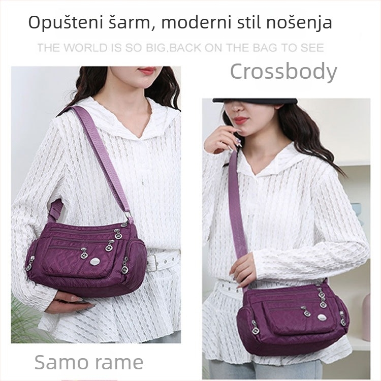 Ženska crossbody torba od Oxford materijala, mala kvadratna silueta, zatvaranje na zip, unutarnji džepovi za telefon i ID karticu, svakodnevna upotreba