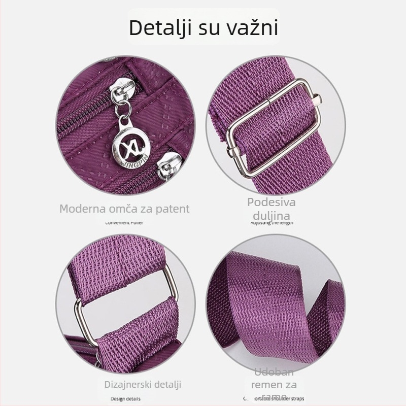 Ženska crossbody torba od Oxford materijala, mala kvadratna silueta, zatvaranje na zip, unutarnji džepovi za telefon i ID karticu, svakodnevna upotreba