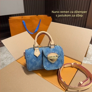 Denim cilindrična crossbody torba sa zatvaračem, Oxford podstava, džep za mobitel | proljeće 2024