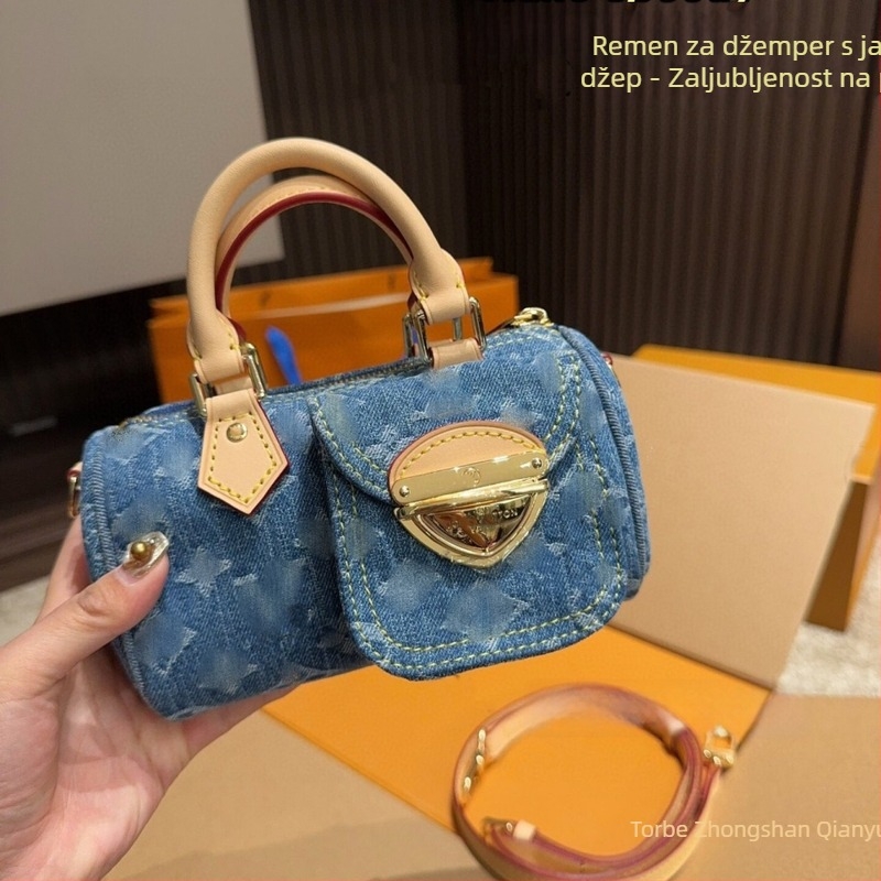 Denim cilindrična crossbody torba sa zatvaračem, Oxford podstava, džep za mobitel | proljeće 2024