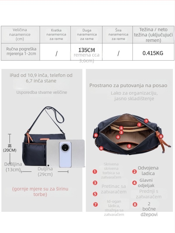 Ženska torbica preko ramena od Oxford platna sa zatvaračem, poliesterskom podlogom, horizontalnog kvadratnog oblika, unutarnji džepovi sa zatvaračem, džep za telefon i dokumente