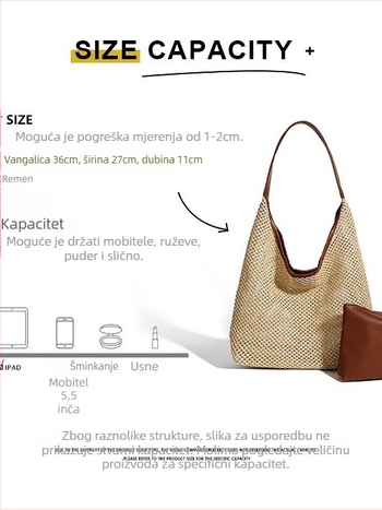 MODAI slamnata tote torba, cilindričnog oblika, magnetska kopča, unutarnji džepovi za telefon i osobnu iskaznicu