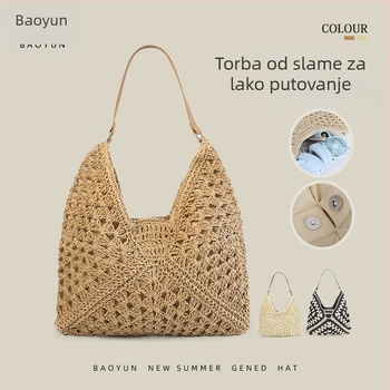 Baoyun pletena slamnata bucket bag torba s magnetskim zatvaranjem, poliester podstata, džep na zip i džep za mobilni telefon