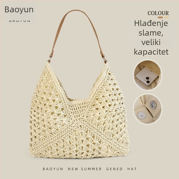 Baoyun pletena slamnata bucket bag torba s magnetskim zatvaranjem, poliester podstata, džep na zip i džep za mobilni telefon