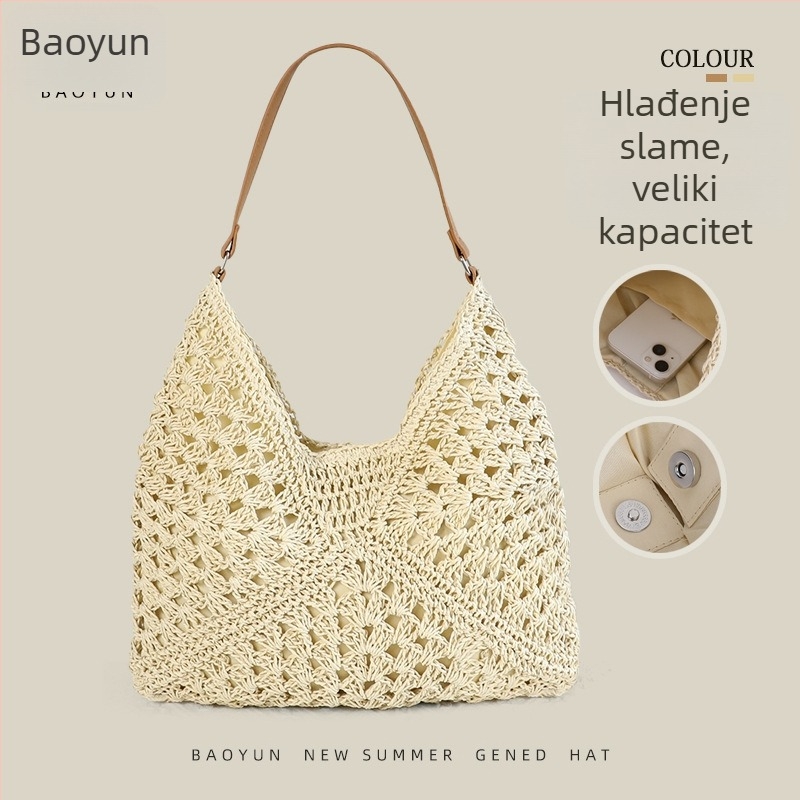 Baoyun pletena slamnata bucket bag torba s magnetskim zatvaranjem, poliester podstata, džep na zip i džep za mobilni telefon