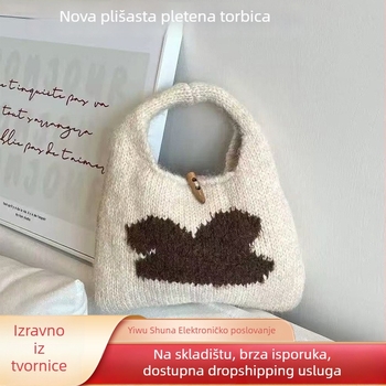 Torba za ruke od plišaste pletene vunene tkanine, gradski jednostavan stil, džep za telefon, slamena podstava, otvoreni džep