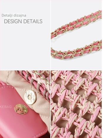 Slamena torba u obliku školjke s magnetskim zatvaračem, unutarnji džep sa zipom i džep za mobitel, poliester podstava, dvostruke naramenice, za svakodnevnu upotrebu.