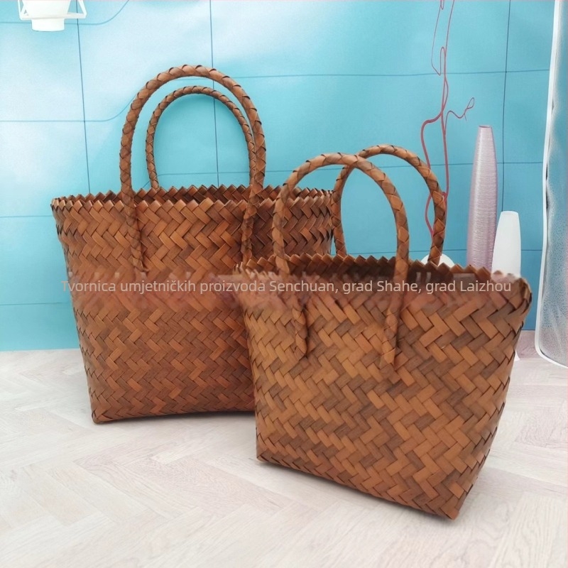 Vintage ručno pleteni košar – PVC stil slame, uspravni četverokutni oblik, otvoreni vrat, ručno pletena, mekani držač
