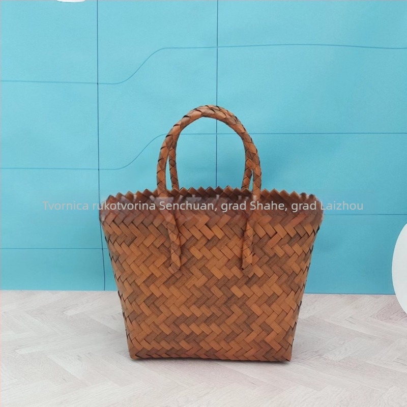 Vintage ručno pleteni košar – PVC stil slame, uspravni četverokutni oblik, otvoreni vrat, ručno pletena, mekani držač