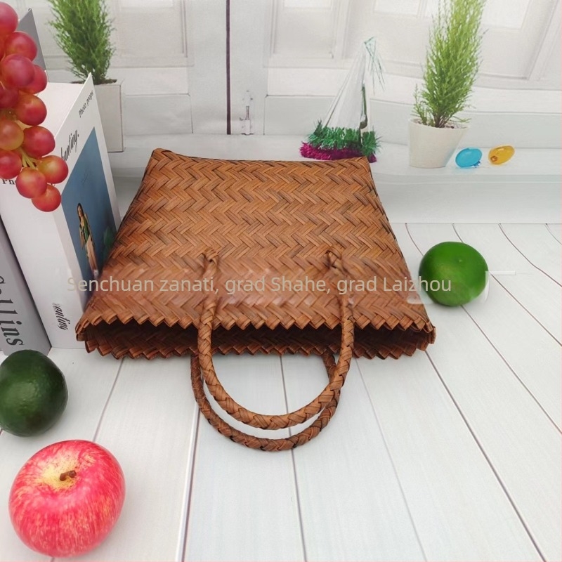 Vintage ručno pleteni košar – PVC stil slame, uspravni četverokutni oblik, otvoreni vrat, ručno pletena, mekani držač