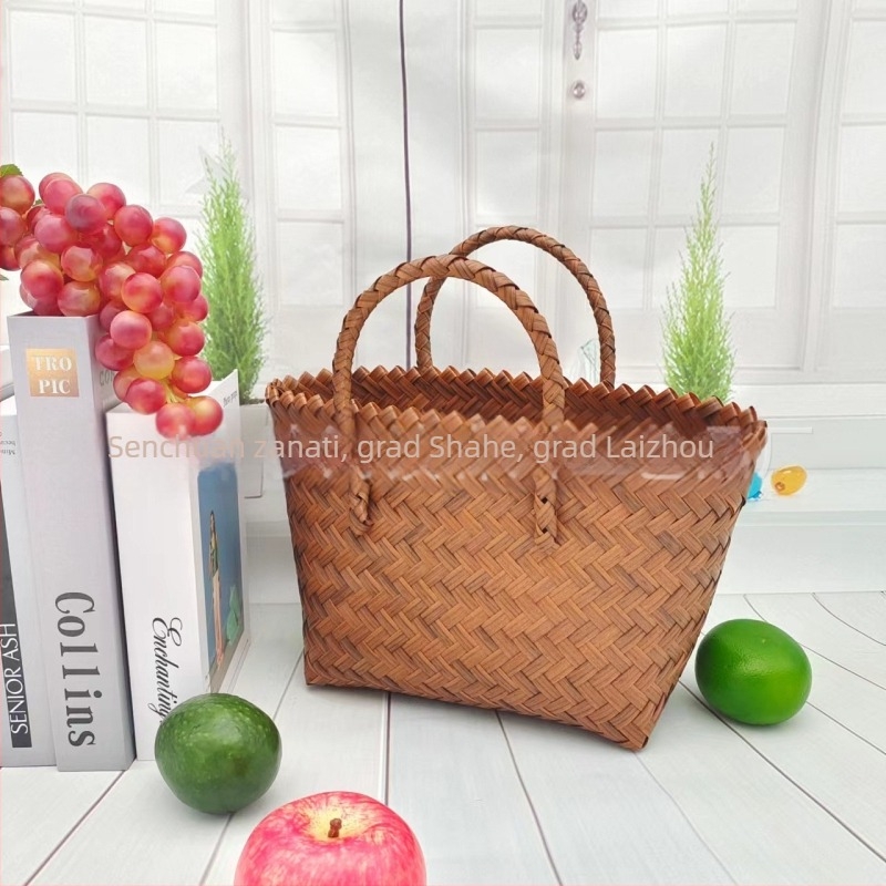 Vintage ručno pleteni košar – PVC stil slame, uspravni četverokutni oblik, otvoreni vrat, ručno pletena, mekani držač