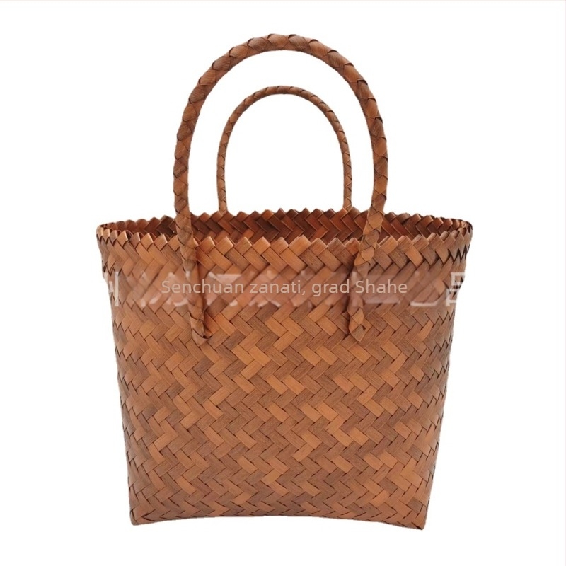 Vintage ručno pleteni košar – PVC stil slame, uspravni četverokutni oblik, otvoreni vrat, ručno pletena, mekani držač