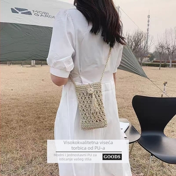 Crossbody torba, ručno pletena od slame, gradski minimalistički stil, vertikalno kvadratnog oblika, unutarnji laminirani džep sa zatvaračem