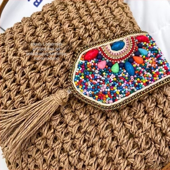 Crossbody torba od slame, pleteni plaža stil, s unutarnjim džepom na zip, poliester podstava, Shengnuo marka, lansirana u proljeće 2023