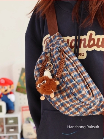 Ženska torbica u japanskom stilu oko struka, 2024 novi model, lagana vunena crossbody torbica s kariranim uzorkom, Chanel-inspirirana