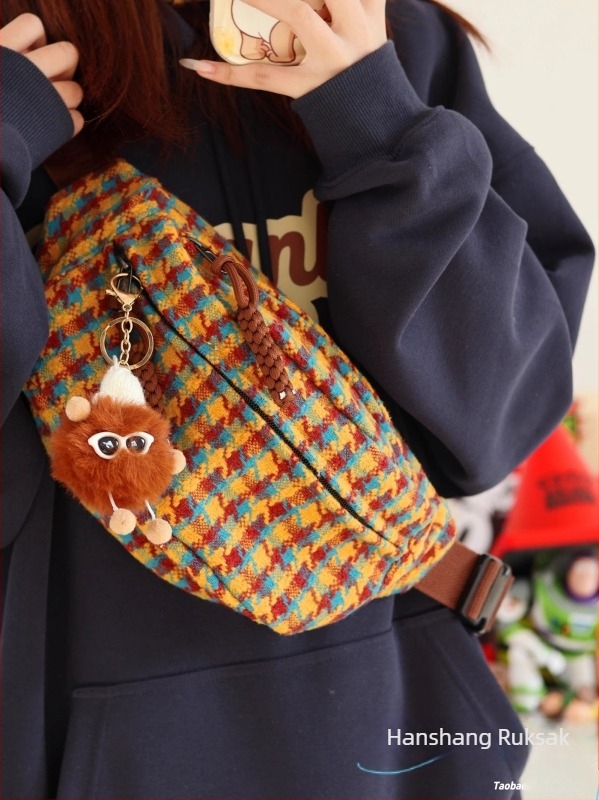 Ženska torbica u japanskom stilu oko struka, 2024 novi model, lagana vunena crossbody torbica s kariranim uzorkom, Chanel-inspirirana