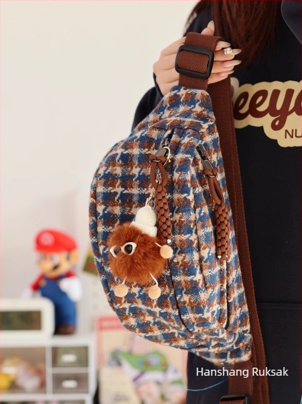 Ženska torbica u japanskom stilu oko struka, 2024 novi model, lagana vunena crossbody torbica s kariranim uzorkom, Chanel-inspirirana