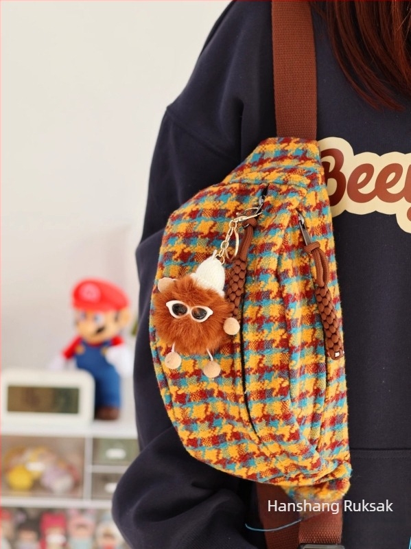 Ženska torbica u japanskom stilu oko struka, 2024 novi model, lagana vunena crossbody torbica s kariranim uzorkom, Chanel-inspirirana