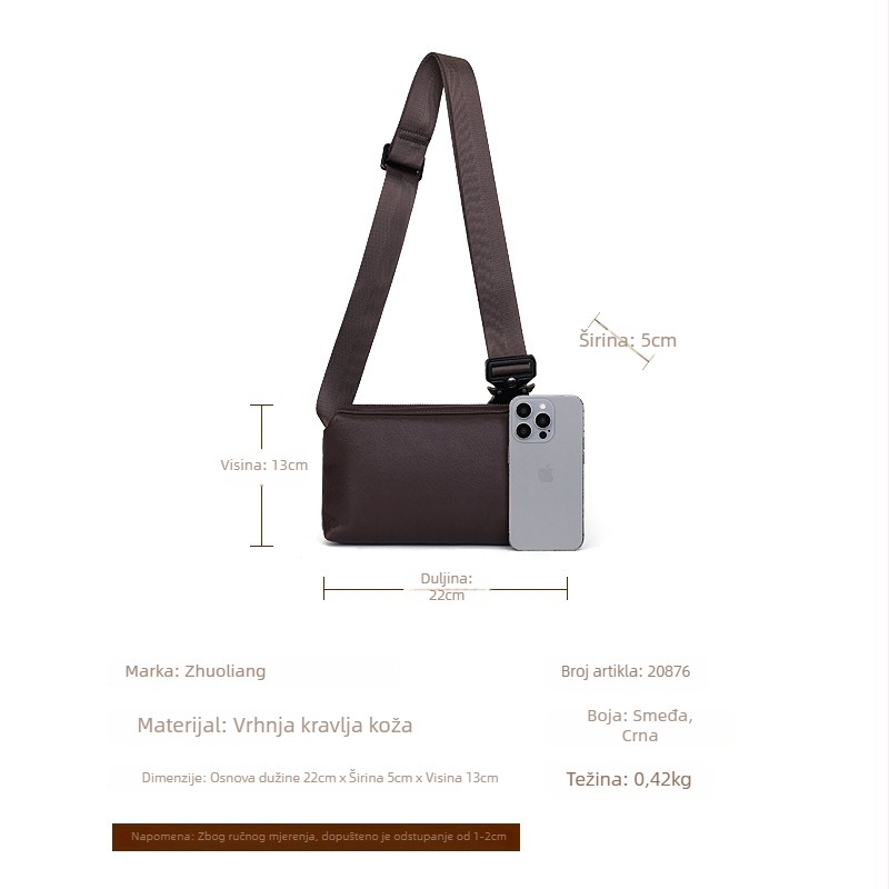 Zhuoliang Unisex kožna crossbody torba, koža prvog sloja, zatvarač, unutarnji džepovi za svakodnevnu upotrebu