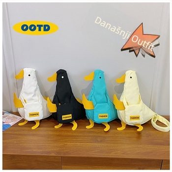 Krosbody torba u japanskom stilu s motivom patke, platnena tkanina, zatvarač, pretinac za telefon, poliester podstava