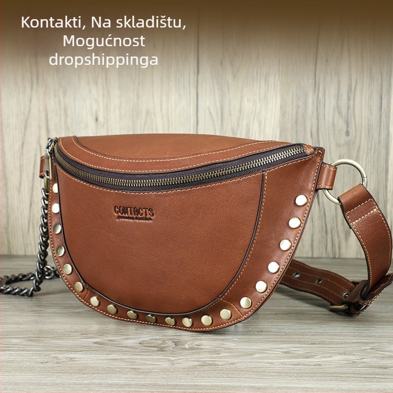 Black Angel ženska kožna crossbody torba za pojas, street trend stil, prava koža, unutarnji džep sa zatvaračem i džep za mobitel