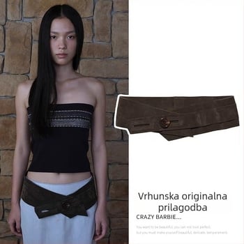 Vintage kožni pojas s gumbom, velur tekstura, korejskog stila pojas za struk