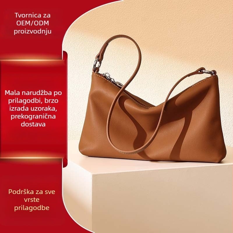 Ženska torba preko ramena od prave kože, koža prvog sloja, horizontalni kvadratni oblik, zatvarač, unutarnji džep sa zatvaračem i džep za mobitel