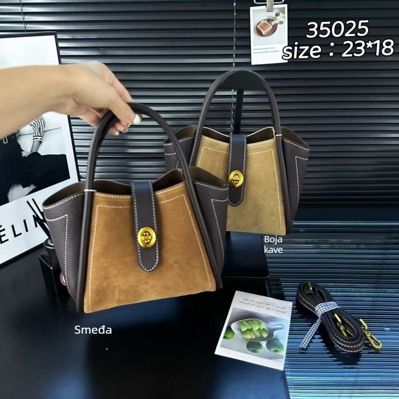 Torba preko ramena od nubuka, urbani minimalistički stil, vodoravni kvadratni oblik, zatvarač.