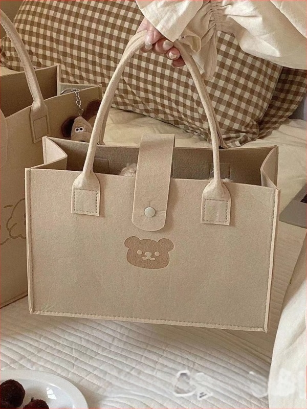 Torba od filca s motivom medvjeda, unisex, tote torba s uspravnim kvadratnim oblikom, džep za prijenosno, otvoreni vrh, proljeće 2025