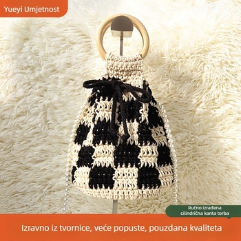 Pletena torba-vedro s drvenom ručkom, pamuk-lan materijal, zatvaranje šnonom, unutarnja džep za dokumente, jednodijelna naramenica