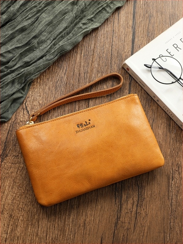 Kožna torbica za mobitel s pretincem za novčiće, clutch stil, koža prvog sloja, zatvaranje na zip, vodoravni kvadratni oblik