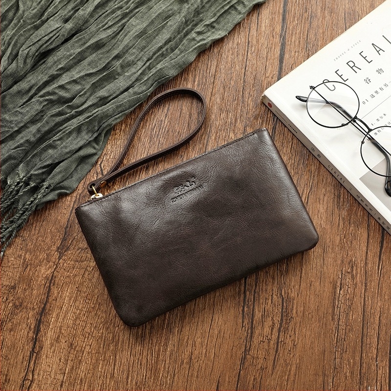 Kožna torbica za mobitel s pretincem za novčiće, clutch stil, koža prvog sloja, zatvaranje na zip, vodoravni kvadratni oblik