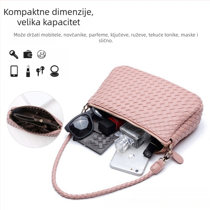 Pletene PU ženska torbica sa zatvaračem, veliki kapacitet, horizontalno kvadratni oblik, dvostruki remen, unutarnja džep sa zipom i džep za telefon