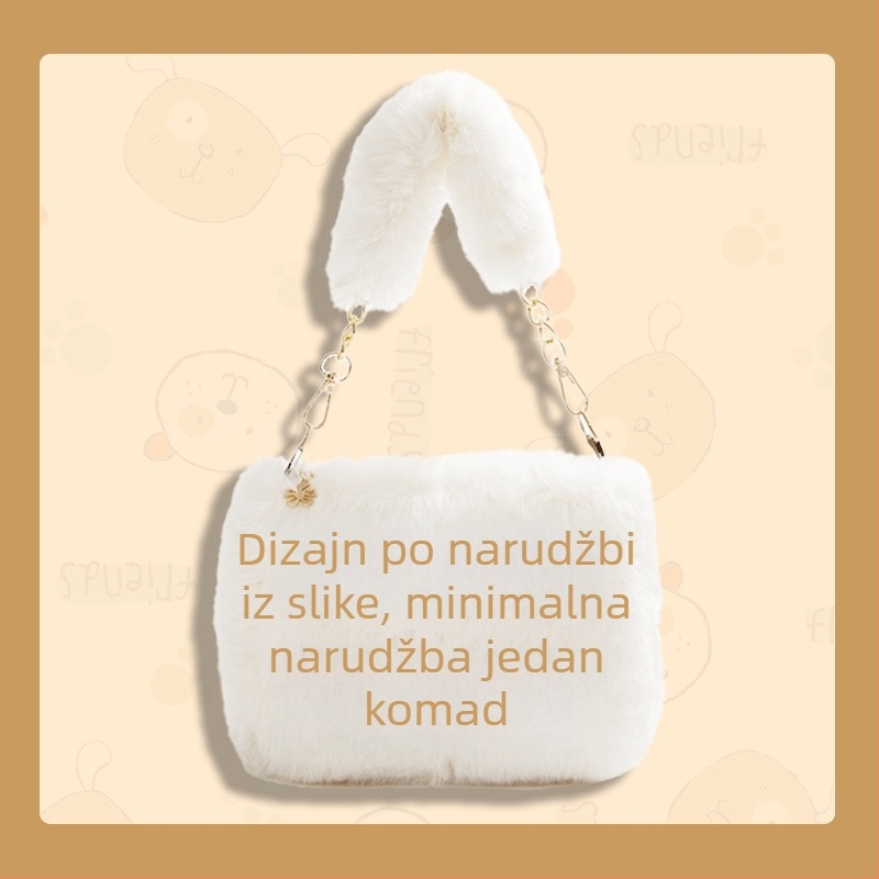 Pliš torbica s imitacijom zečje dlake, torba preko ramena s jednim remenom i logom, poklon za žene.