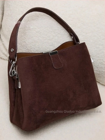 XH suede crossbody bucket torba za žene, vertikalni kvadratni oblik, zatvaranje se zipom, dvostruke naramenice, unutarnji džepovi sa zipom, džep za telefon i dokumente – Zima 2025