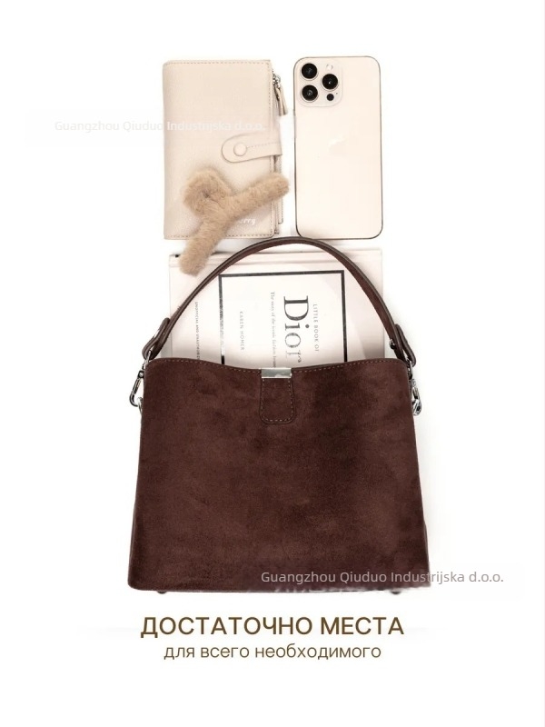 XH suede crossbody bucket torba za žene, vertikalni kvadratni oblik, zatvaranje se zipom, dvostruke naramenice, unutarnji džepovi sa zipom, džep za telefon i dokumente – Zima 2025