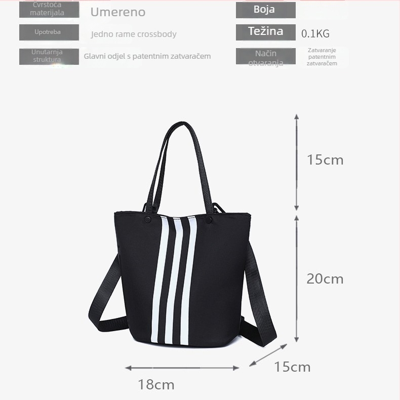 Najlon bucket torba s tri pruge, velika kapaciteta, srednje veličine, zatvarač, preko ramena