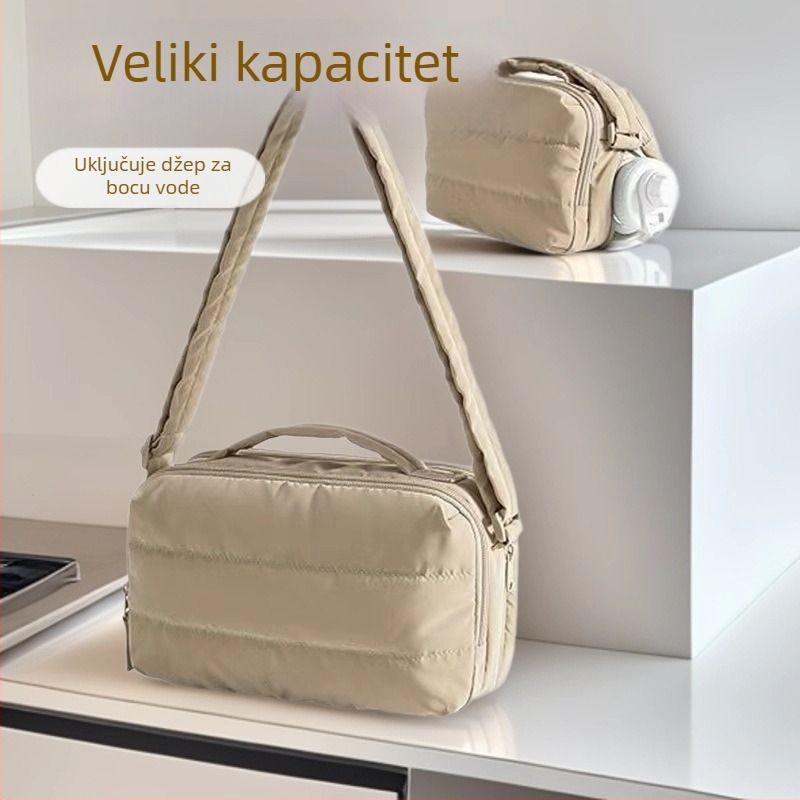 Najlon mini crossbody kozmetička torbica sa zatvaračem, urbanistički minimalistički stil, vertikalno kvadratni oblik, laminirani unutarnji džep, jedna naramenica