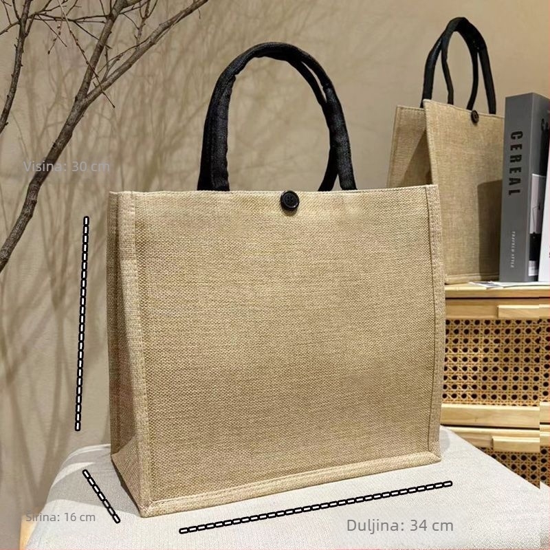 Torba Tote od imitacije lana s printsom – Materijal: imitacijski lan; Oblik: horizontalni kvadrat; Otvaranje: gumba; Unutarnja pretinac: zatvarač