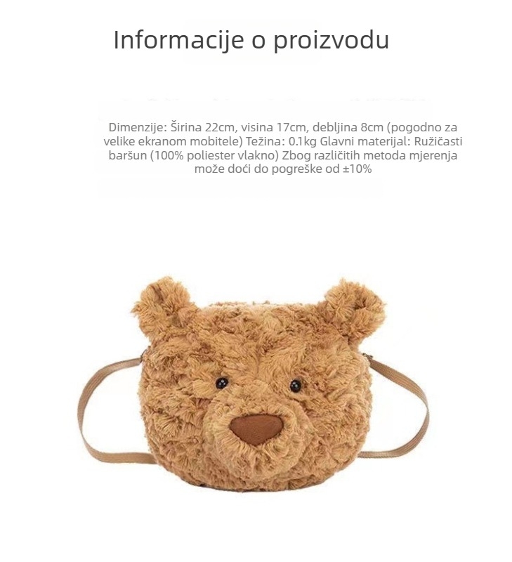 Plišana torba preko ramena s glavom medvjeda, džep za telefon, okrugli oblik, zatvarač, poliester podstava